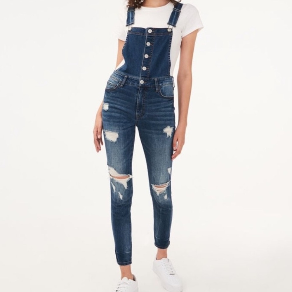 Aeropostale Aero Women Bib Overalls Blue Distressed Stretch Denim Size 10 ripped
